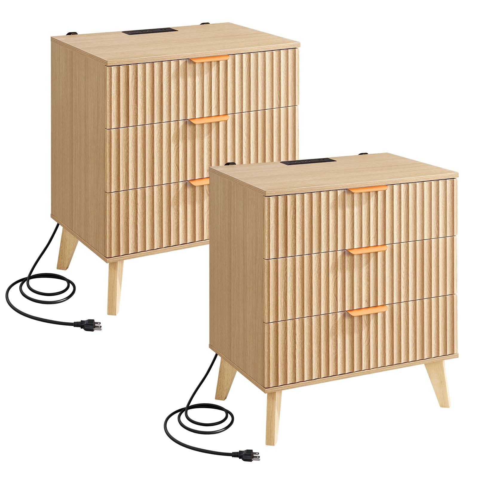 KFFKFF Fluted Nightstands with Charging Station, Set of 2, Dresser for Bedroom with 3 Drawers, Mid Century Modern End Table, Bedside Cabinet Side Table Chest of Dresser, for Bedroom