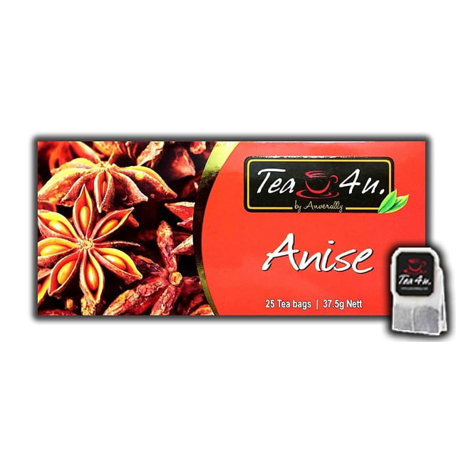 Tea4U Infusion d'Herbes à l'Anis, Boîte de 25 Sachets de Thé, avec un Emballage Rouge Vif Présentant des illustrations d'Anis Étoilé et le logo Tea4U. Thé de Spécialité Produit de Façon Durable à Partir de Ceylan, Fait avec des Feuilles Cueillies à la Main pour une Boisson aux Herbes Apaisante.