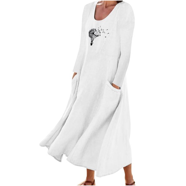 Pisexur Robe d'Automne pour Femme 2023 Robe en Coton et Lin à Manches Longues, Ligne A et Évasée, Maxi Longue