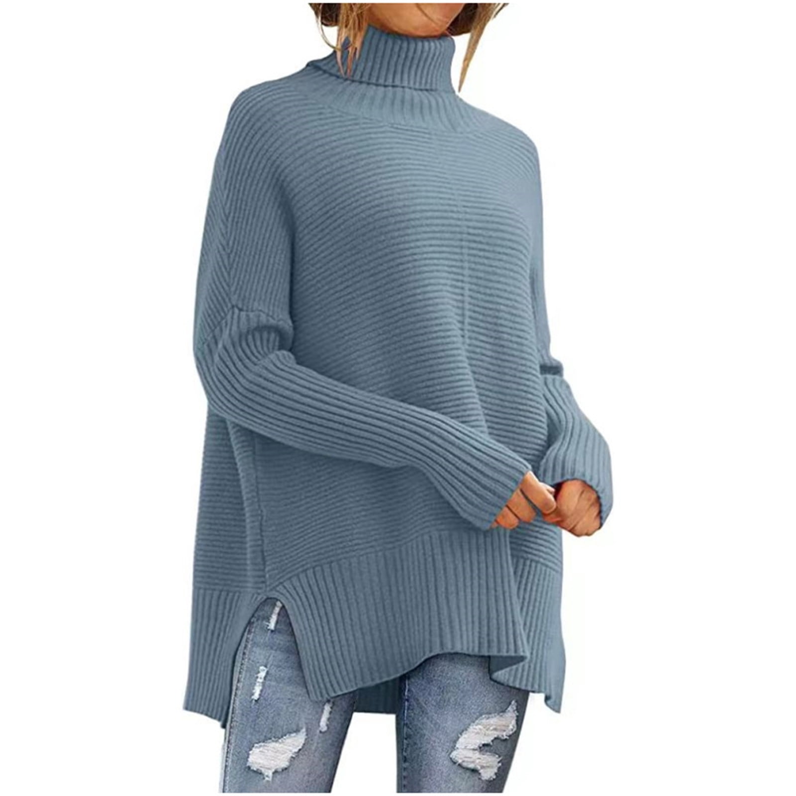 Dagegui Women's Oversized Turtleneck Sweaters Fall Drop Shoulder Long Sleeve Ribbed Knit Tunic Pullover Tops Light Blue,L