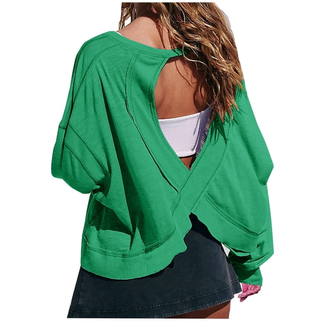 Timegard Womens Tops Drop Shoulder Backless Cutout Tops Fall Casual Loose Comfy Cropped Blouse Tee