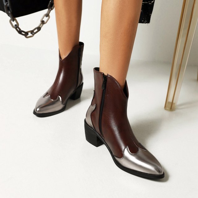 Autumn And Winter Color Matching Pointed Toe TThick Heel Ladies Short Boots