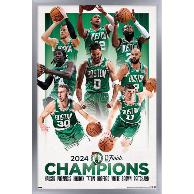 NBA Celtics de Boston - Affiche Murale des Finales 2024 de la NBA, 22,375 Pouces x 34 Pouces Encadrée, Présentant Plusieurs Joueurs des Celtics de Boston en Chandails Verts avec Bordure Blanche dans des poses Dynamiques de basketball sur un Fond Dégradé Vert. l'Affiche Affiche le Titre des Finales 2024 de la NBA avec le logo des Celtics et l'Emblème des Finales de la NBA au-Dessus du Mot Gras « Champions » et les Noms des Joueurs Hauser, Porzingis,