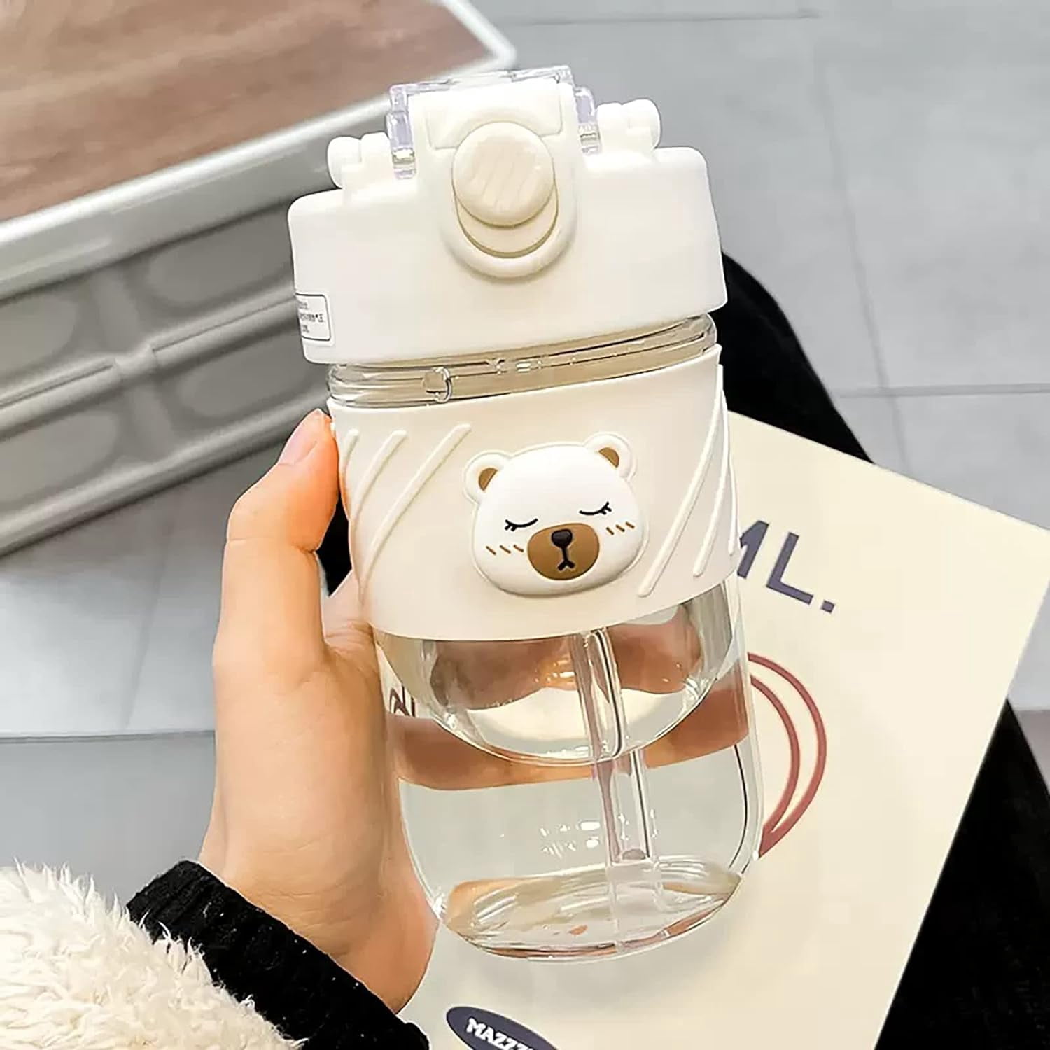 17oz Glass Water Bottles with Straw, Clear Water Bottle with Lid and Hidden Handle, Portable Water Bottle (White) Q01