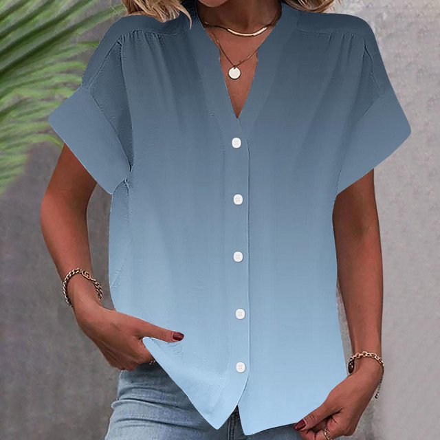 RXIRUCGD Fashion Women's Short Sleeved Solid Color Spring/summer Button Up Shirt Top, Light Blue, Size: XL