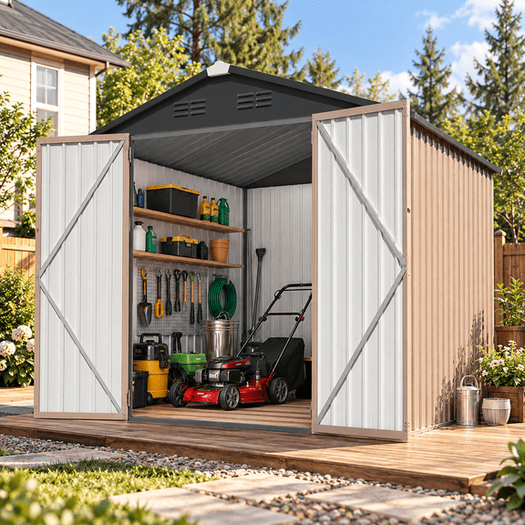 AECOJOY 6 x 6 Ft Outdoor Metal Storage Shed with Lockable Double Doors, Galvanized Steel