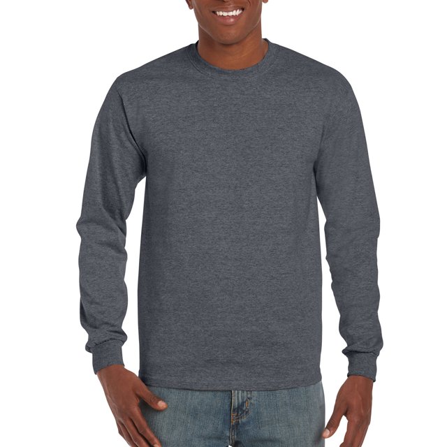 Gildan Mens DryBlend Long Sleeve T-Shirt in Dark Heather, size L. This men's casual wear features a crew neckline, long sleeves, and a comfortable cotton blend fabric. It is shown paired with blue jeans, emphasizing its versatile style. Suitable for machine wash and imported quality.