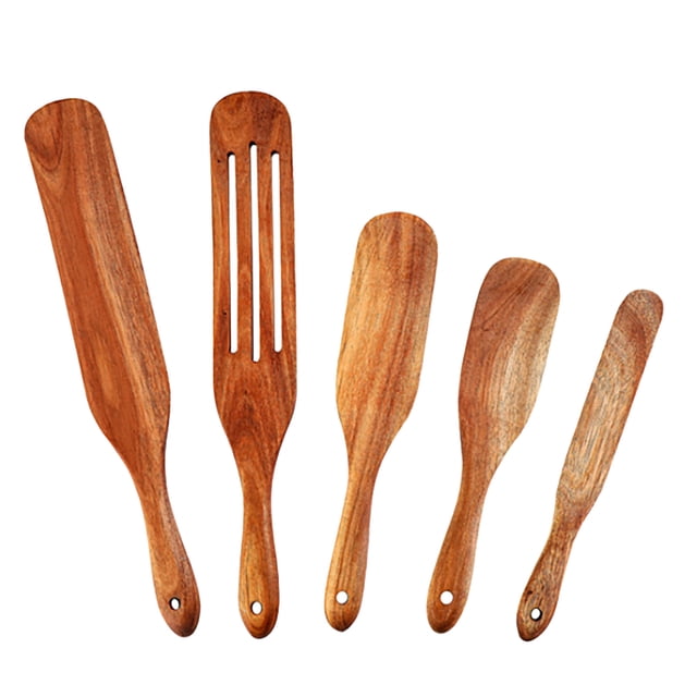 RKSTN Kitchen Utensils Long Handle Spatula Wood Spatula Stir Cooking Set featuring five handcrafted natural teak wood spurtles. The set includes various spatula designs with smooth, sanded finishes and ergonomic long handles. Ideal for stirring, flipping, spreading, and whisking, these utensils are heat-resistant, scratch-proof, and safe for use on all cookware surfaces, including ceramic and stainless steel. The natural wood grain and polished finish add a rustic charm to any kitchen.