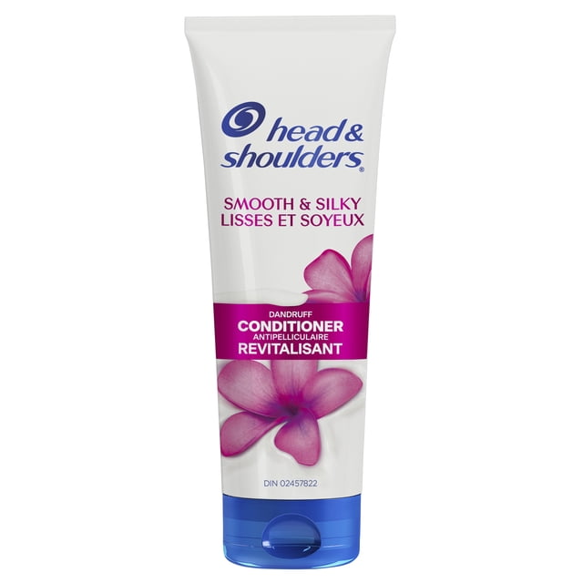 Head & Shoulders Revitalisant Antipelliculaire Lisse et Soyeux en tube à Presser Blanc avec Bouchon Rabattable Bleu, avec Graphiques Floraux Roses et Texte Bilingue Anglais-Français Mettant en Valeur la protection contre les Pellicules et Formule Revitalisante pour des Cheveux Lisses et Sans Frisottis.