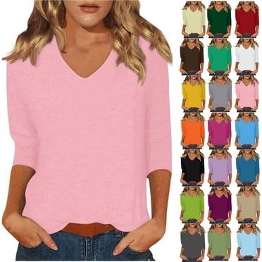 WRKEKC Long Sleeve Shirts for Women, Womens Long Sleeve Tops, Women's Loose Casual Solid Color Three-quarter Sleeve Round Neck Top/Shirt