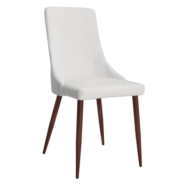 Set of 2 Mid-Century Fabric & Metal Side Chair in White with a curved white faux leather upholstered seat and backrest, supported by four tapered metal legs with a walnut finish, designed for kitchen and dining seating with a 19-inch seat height and 250 lbs weight capacity, suitable for formal or casual dining and occasional seating.