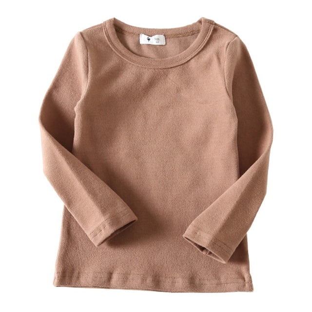 T-shirts Filles Bébé Garçon Fille Col Rond Manches Longues Doux T-Shirts Unis Hauts Filles Café 5-6 Ans