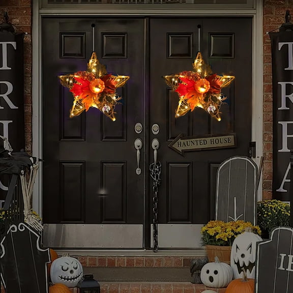 Chmadoxn Halloween Decorations, Halloween Wooden Pentagram Pumpkin Wreath LED Lights Decoration Artificial Silk Flower Pumpkin Berry Decoration Thanksgiving Christmas Halloween Halloween wreath