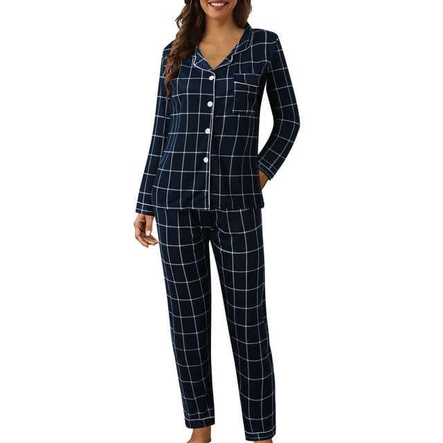 2025 Femmes Décontracté Col à Revers Femmes Nuit Vêtements de Nuit Bouton Carreaux Imprimé Deux Automne Pyjamas Femmes Pièce Manches Longues Pyjamas Femmes Hauts Courts Ensemble de Pyjamas