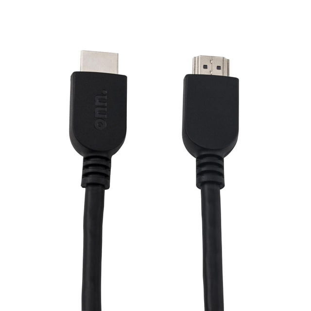 Onn. 12 ft./3.7 m 4K Optimized HDMI Cable with black connectors and cable, showing both ends including one embossed with onn. logo, optimized for 4K HDR devices, HDTVs, and delivering rich sound and picture quality, also suitable for connecting streaming boxes and video games.