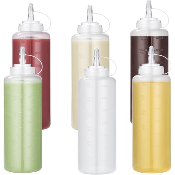 U-Taste 12oz Condiment Squeeze Bottles: Sauce Bottles with Twist on Caps and Measurement, Leakproof Squirt Reusable Plastic Oil Container Dispenser for Ketchup, BBQ, Salad, Dressing (Pack of 6)