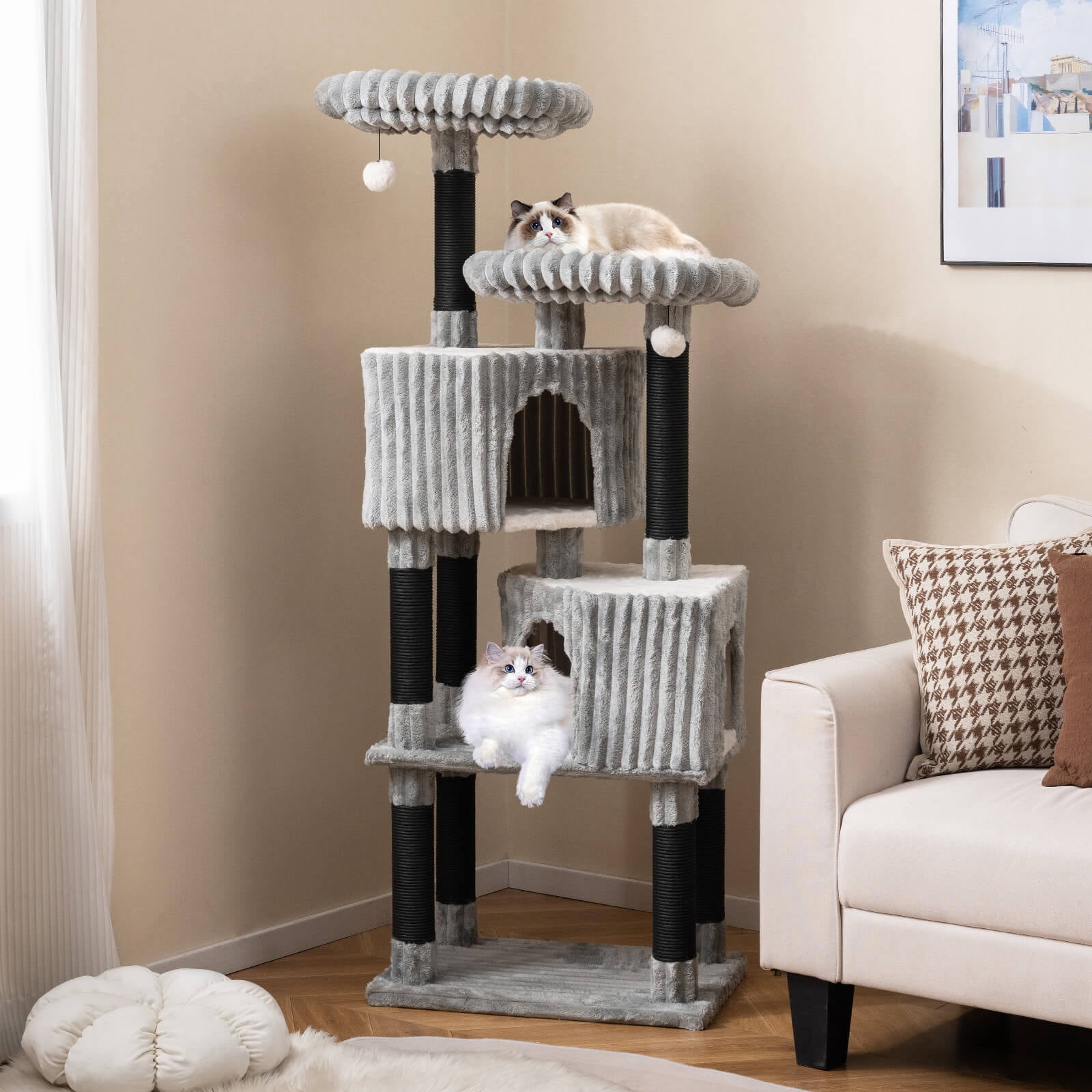 Costway Large Multi-level Cat Tree with 2 Condos, 2 Perch Beds, Scratching Posts, Balls
