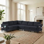 Puremind L Shaped Sofa, Oversized 5 Seat Corner Sofa with Side Pockets, Modern Linen Sectional Couches for Living Room/Apartment, Dark Gray