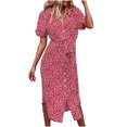 thumbnail image 2 of FcBaudy Robe à Manches Courtes à Col Rabattu Longueur Genou, Robes d'Été pour Femmes, Robes pour Femmes Robe d'Été Bohème à Imprimé à Manches Courtes avec Boutons et Bandage Longueur Genou Robe Femme, 2 of 8