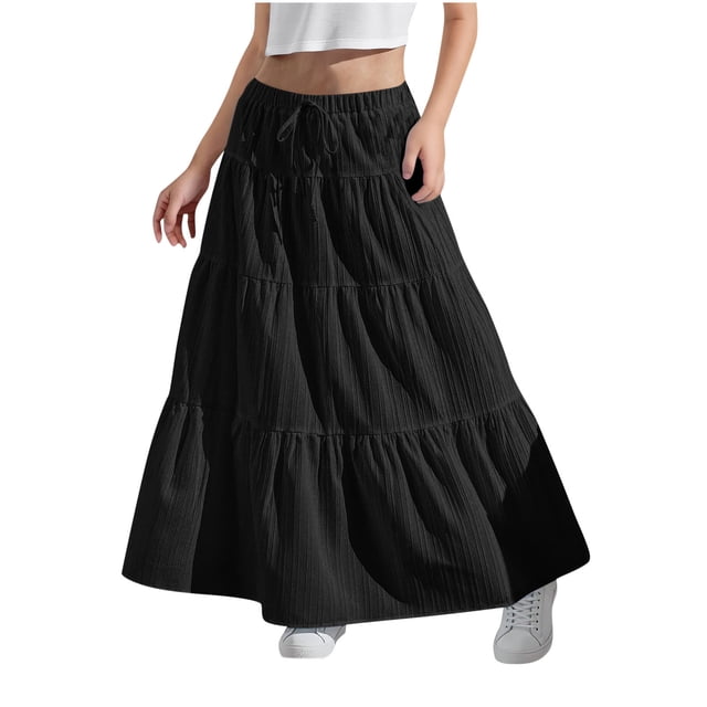 lcziwo Girls Drawstring High Waist Ruffle Long Skirt Summer Casual Layered Tiered Flowy Skirts Kids Summer Ankle Length Maxi Skirt Black Ropa de Verano Para Mujer