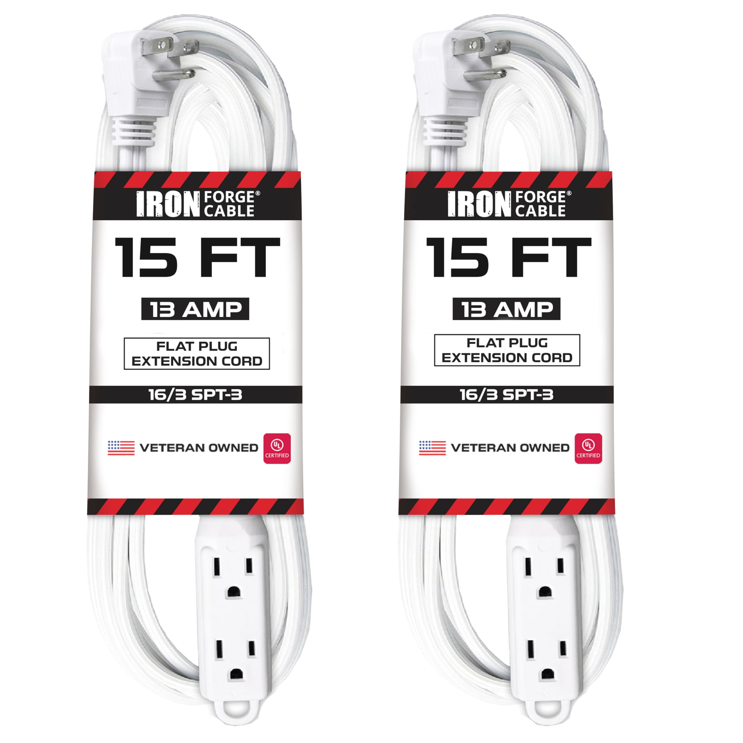 Iron Forge Cable 2 Pack 15 ft Flat Plug White Extension Cord with 3 Outlets - 16/3 SJTW 3 Prong Indoor Extension Cord with Multiple Outlets