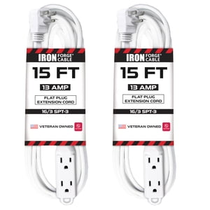 Iron Forge Cable 2 Pack 15 ft Flat Plug White Extension Cord with 3 Outlets - 16/3 SJTW 3 Prong Indoor Extension Cord with Multiple Outlets