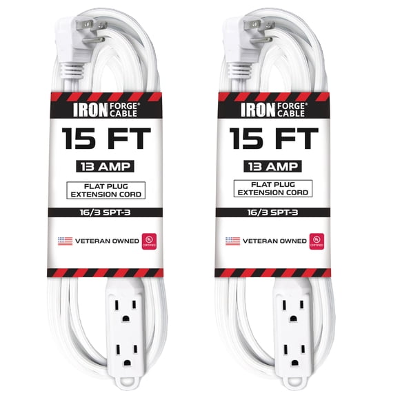 Iron Forge Cable 2 Pack 15 ft Flat Plug White Extension Cord with 3 Outlets - 16/3 SJTW 3 Prong Indoor Extension Cord with Multiple Outlets