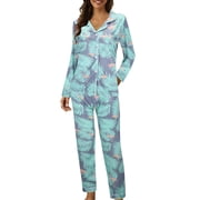 GDREDA Ladies Pyjama Set Women's Casual Lapel Button Print Long Sleeved Pajama Pants Two Piece Set Women Pajama Sets pyjamas Blue,M