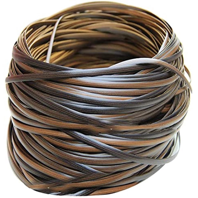 1 Roll Plastic Wicker Imitation Rattan Chairs DIY Material Furniture Accessories. A coiled roll of coffee-colored PE plastic wicker material, ideal for repairing patio furniture such as wicker chairs, sofas, tables, and storage boxes. Durable, waterproof, and high-strength material suitable for outdoor use and DIY projects like crafting baskets or chaise lounges.