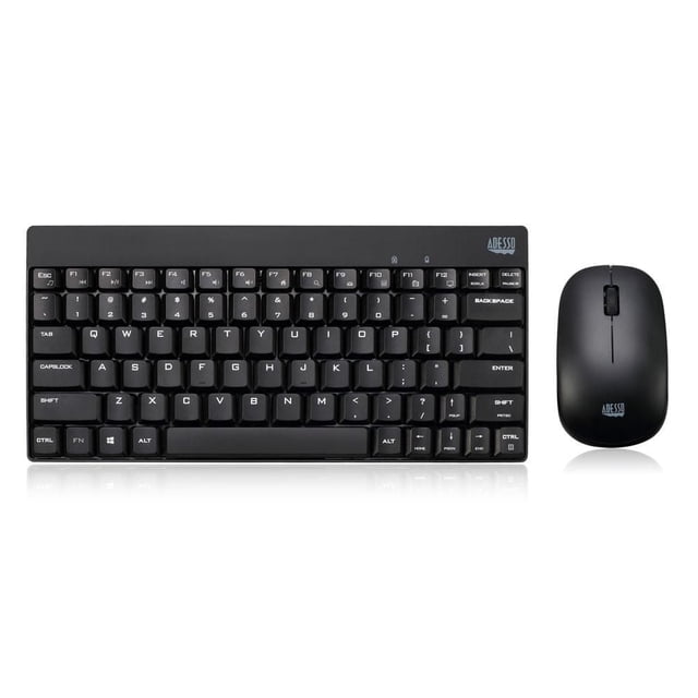 Adesso WKB-1100CB Wireless Spill Resistant Mini Keyboard & Mouse Combo with compact black keyboard featuring membrane switches for quiet typing and a black wireless mouse with enhanced optical engine, both branded with Adesso, offering up to 30 feet wireless range and spill-resistant design suitable for space-saving computer setups.
