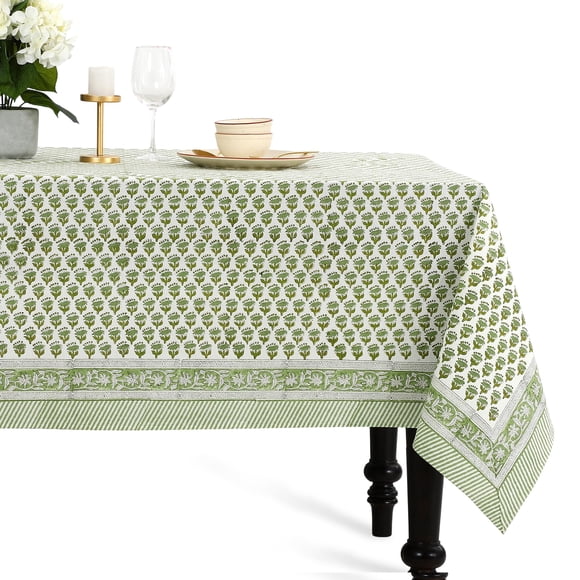 CPC Tablecloth 100% Cotton 70x108 Inch Indian Block Print Rectangle Table Cover, Green Table Cloth for Weddings, Spring/Summer, Barbeque - Emerald Green
