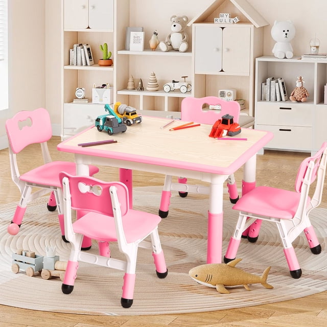 Kids Table and 4 Chairs Set,Height Adjustable Toddler Table and Chair Set for Ages 2-10,Children Multi-Activity Table for Classrooms Daycares Home,Wood