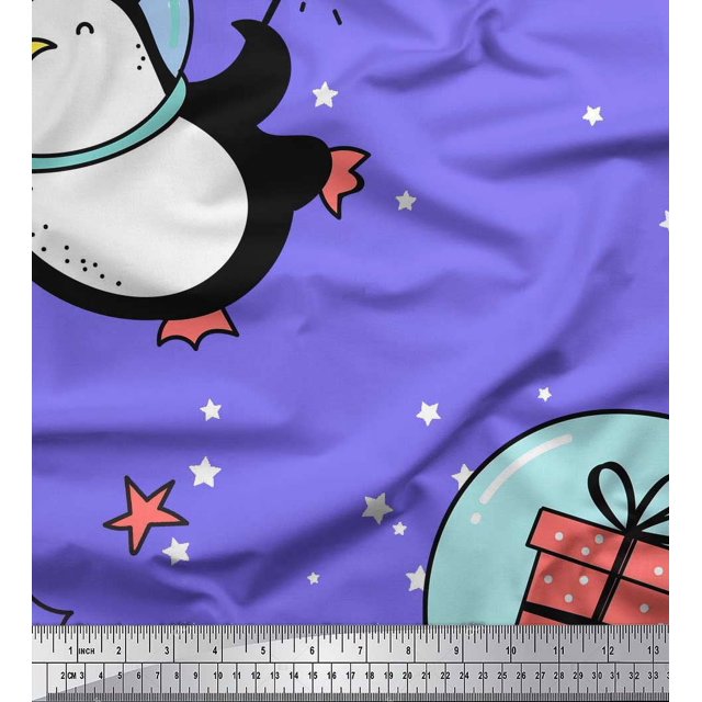 Soimoi Purple Moss Georgette Fabric Snowman & Penguin Cartoon Print Sewing Fabric Yard 42 Inch Wide