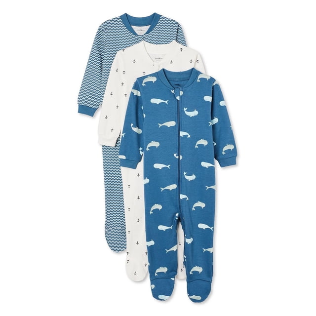 George Dormeur pour Bébés Garçons, Lot de 3, Comprend Trois Dormeurs à Pieds à Manches Longues Assortis avec Fermetures Éclair Intégrales pour un Enfilage Facile. Comprend un Dormeur à Imprimé Baleine Bleue, un Dormeur à Imprimé Ancre Blanc et un Dormeur à Motif de Vagues Bleues. Fabriqué en Tissu Doux et Respirant avec Poignets Côtelés et Col Ras du Cou, Convient aux Bébés de 0 à 24 Mois.