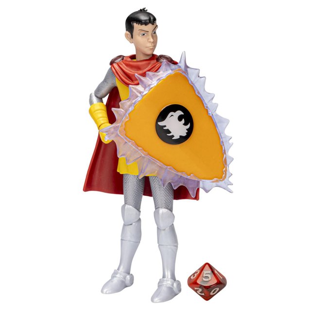 Dungeons & Dragons Classiques de Dessins Animés Figurine Articulée Eric de 6 Pouces Mettant en Vedette une Figurine en Plastique de 6 Pouces en Armure Argentée avec une cape Rouge et une Tunique Jaune, Tenant un Bouclier Triangulaire orange Translucide avec un Emblème Noir, Accompagnée D'Un Dé Rouge à 10 Côtés de l'Ensemble Exclusif de dés D&D.