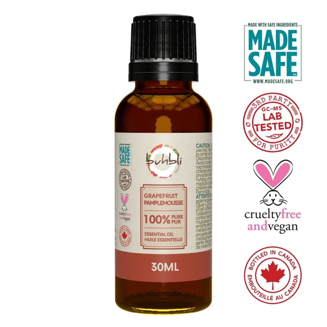 Buhbli Brands - 100% Pure Grapefruit Essential Oil, 30ml amber glass bottle with black ribbed cap, labeled with Made Safe certification, cruelty-free and vegan logos, and Canadian bottled mark, suitable for energizing aromatherapy diffusers and diluted skin application.