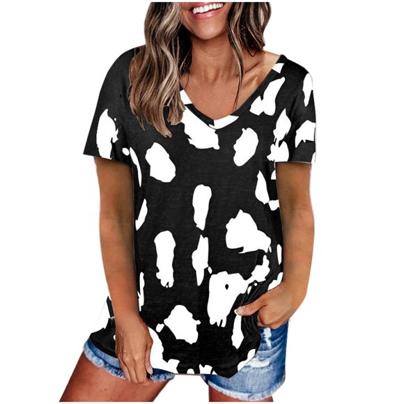 LUOGENLI Female T-shirts for Womens Women's Tops Summer Leopard Print Raglan Short Sleeve Basic-T Shirt Blouse Tee T-shirts Womens White Summer Clothes Black L