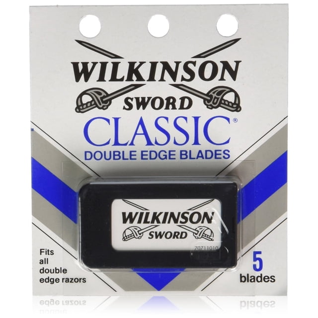 Wilkinson Sword CLASSIC Double Edge Razor Blades, featuring 4 packs of 5 blades each for a total of 20 blades. The packaging highlights the triple coating process for corrosion resistance, durability, and reduced irritation. Suitable for all standard double-edge razors, these blades are designed for smooth, close, and comfortable shaves. The product is displayed in its retail packaging with a black blade holder and bold branding.