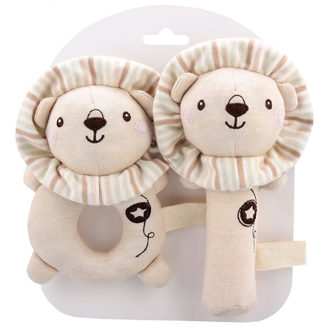 Bangcool Baby Rattle Toy Animal - 2PCS Stuffed Infant Hand Grip Toy Newborn Hand Rattle. The image shows two multicolored stuffed baby rattle toys shaped like lions, made of organic cotton. One rattle has a circular grip design, while the other features a long handle. Both toys have embroidered facial details and striped manes, designed to soothe and engage infants. Suitable for newborns to encourage sensory exploration and finger flexibility.