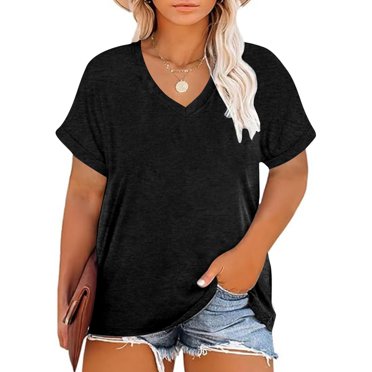AherBiu Plus Size Womens T-Shirts V Neck Short Sleeve T Shirt Tops Summer Casual Loose Fitting Comfy Basic Tees