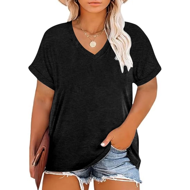 Blouses for Women, Womens Oversized V-neck Short Sleeved Solid Color Summer Bottom T-shirt