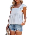 thumbnail image 2 of Débardeur Blouse Babydoll à Basque pour Femme, Col Carré Décontracté, Manches Courtes à Volants, Blanc G, 2 of 8