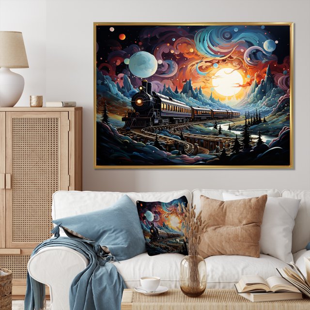 Designart Art Mural Encadré de Train, Rails Cosmiques un Train Moderne I, Grande Déco d'Art Mural Encadré de Train, Art Mural Moderne Multicolore à Cadre Doré, Cadre Doré 44x34 Pouces