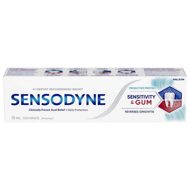 Sensodyne Sensitivity & Gum Toothpaste, Clean & Fresh, 75ml front-facing tube with Sensodyne branding and 'Sensitivity & Gum' label; daily dual-relief fluoride toothpaste for sensitivity relief and improved gum health, minty fresh flavor, 75 ml, on plain white background; suitable for travel oral-care kits.