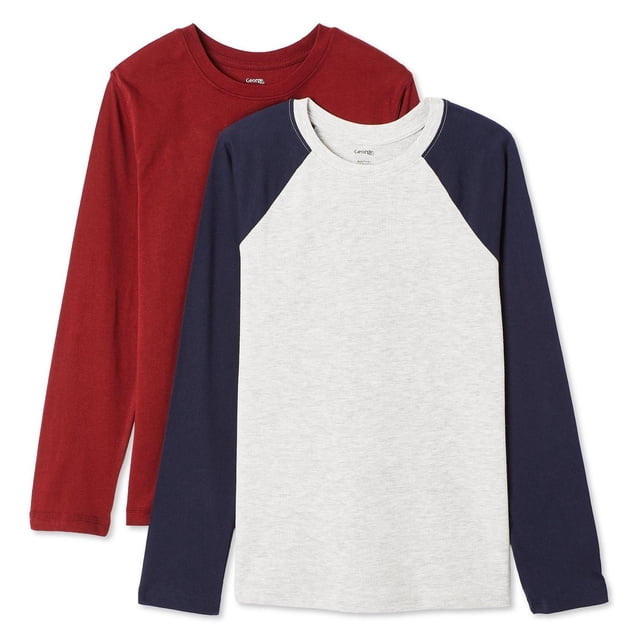 Two George boys' long sleeve tees in a 2-pack, featuring a solid red tee and a white tee with navy blue raglan sleeves.