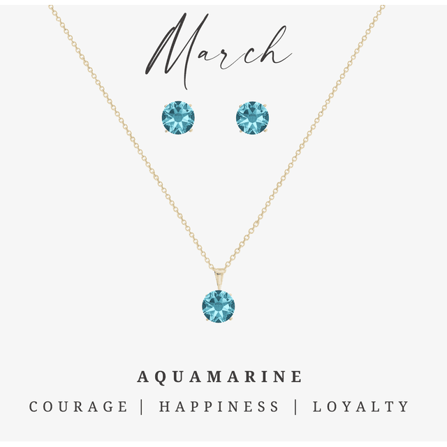 Goldtone March Aquamarine Birthstone CZ Earring & Necklace Set