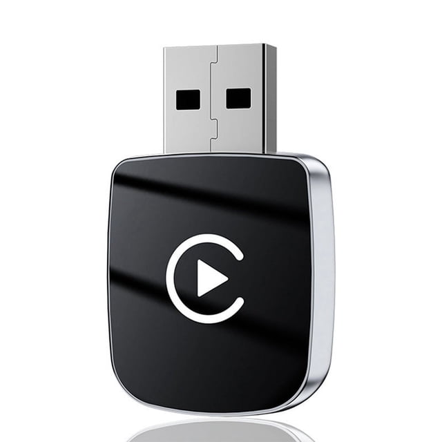 Adaptateur 2 en 1 CarPlay Filaire vers Sans Fil CarPlay et Android Auto au design compact et Noir avec Connecteur USB. l'Adaptateur Présente un Boîtier Métallique Élégant et une Icône play à l'Avant. Convient à la Mise à Niveau des Systèmes audio de Voiture pour Prendre en Charge les Fonctionnalités CarPlay Sans Fil et Android Auto.