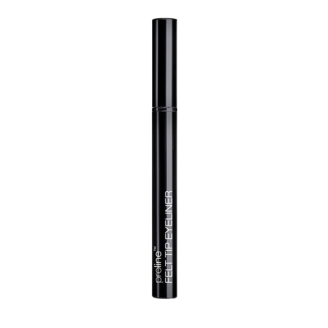 wet n wild Proline Felt Tip Eyeliner in black, featuring a slim black plastic tube with white vertical text, a soft finely pointed felt tip for precise, fast-drying application, ideal for detailed eye makeup and artistic designs.