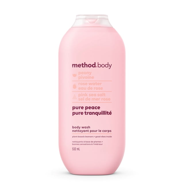 Method Gel Body Wash, Pure Peace, 532 ml, a pink oval bottle with a clear flip cap, labeled with peony, rose water, and pink sea salt, offering a moisturizing, purifying body wash with plant-based cleansers and a biodegradable formula, ideal for a calming shower experience.