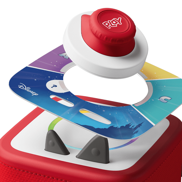 tonies Tonieplay Ensemble Disney : Jeu Quiz Kingdom Montrant un Gros Plan de la Manette Tonieplay avec un Bouton de Lecture Rouge, une Carte de Catégorie de Quiz à Thème Disney Colorée Mettant en Vedette Moana et Encanto, et une base Rouge avec Deux Boutons Triangulaires Noirs, Conçu pour un Jeu Électronique Éducatif Interactif Sans Écran pour Enfants.
